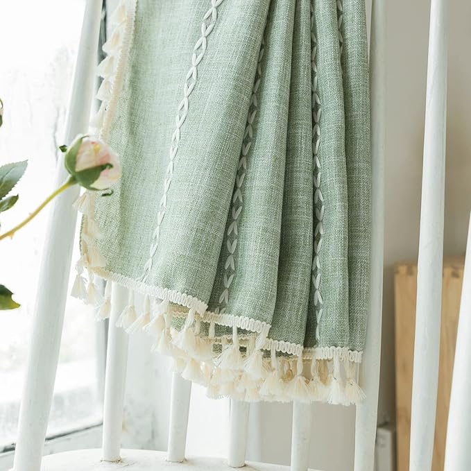 Deeprove Green Boho Curtains 108 Inches Long for Bedroom Living Room Balcony, Bohemian Embroidery Cotton Linen French Country Window Treatment Tassel Drape Extra Long, W52 x L108 1 Panel, Sage