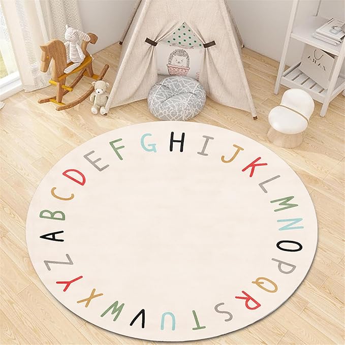 Children's Round Play Rug,5ft,ABC Letter Educational Rug, Soft and Fluffy Imitation Cashmere Rug, Non-Slip Washable Floor Mat for Children's Room, Suitable for Nursery, Classroom, Playroom