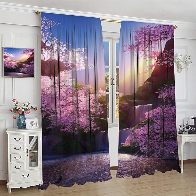 Landscape Waterfall Blackout Curtains, Watercolor Blossom Cherry Flower Forest Pattern Rod Pocket Window Drapes, for Bedroom Living Room 55" W X 63" L