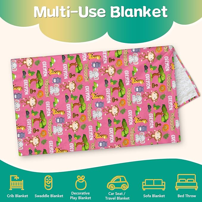 Custom Safari Animals Blanket Gift, Personalized Baby Blanket with Name, Soft Plush Flannel/Sherpa Fleece Throw Blankets for Toddler Kid Teen Boys Girls Color08