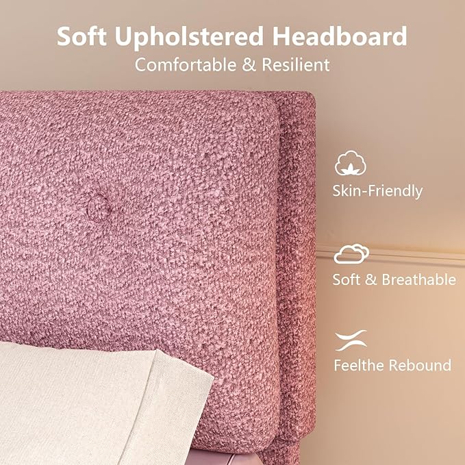 Queen Bed Frame with Headboard, Cloud Boucle Upholstered Bed Frame, Modern Soft Style, Adjustable Headboard, No Box Spring Needed, Easy Assembly, Pink