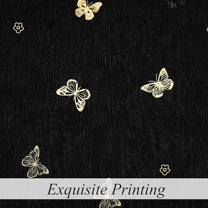 Jubilantex Black and Gold Butterfly Sheer Curtain Panels for Bedroom, Linen Textured Metallic Print Patterned Voile Rod Pocket Curtain Drapes 84 Inch Long for Bedroom, 2 Panels