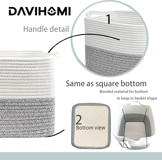 Small Woven Cotton Rope Basket for Organizing, Gift Baskets for Handles, Empty Gift Baskets, Toy Basket for bins|13.5" x 11" x 9.5" home decor for Living Room, Bathroom（White Grey）