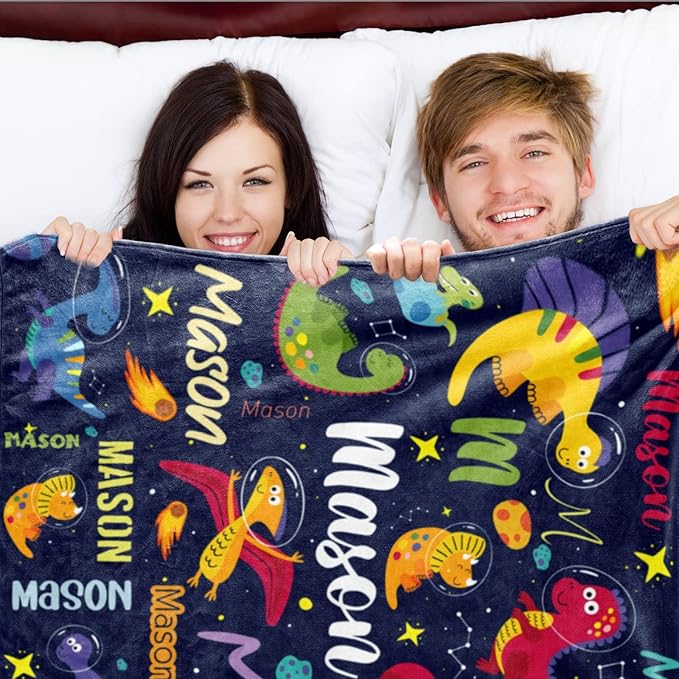 Personalized Dinosaur Blanket for Boys, Custom Name Blanket for Kids Dino Outspace, Soft Flannel Dinosaur Toddler Blanket Customized Gift for Birthday Christmas Baby Shower, Newborn Gift 60" X 80"