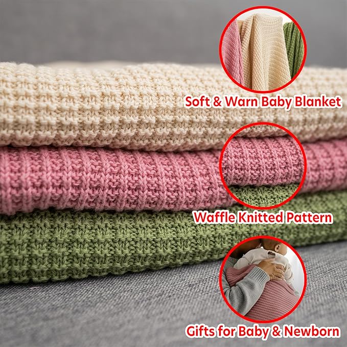 Baby Knit Blanket, 100% Cotton Waffle Patterns, Soft, Cozy, Lightweight Swaddle for Newborn & Infant Swaddling Beige Neutral, Perfect Baby Shower Ideas Rose Pink 28x36