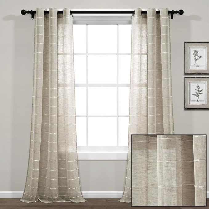 Lush Decor Farmhouse Textured Grommet Sheer Window Curtain Panel Pair, 38"W x 120"L, Neutral