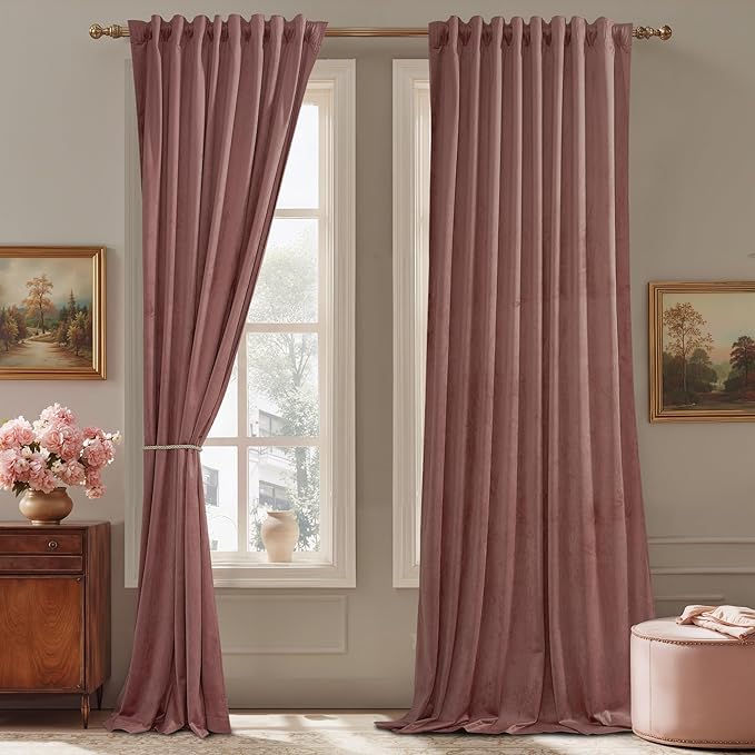 StangH Mauve Velvet Curtains 96 inches Long - Wild Rose Pink Room Darkening Bedroom Curtains for Nursery Kids, Elegant Thermal Insulated Drapes for Sliding Door Office, W52 x L96, 2 Panels