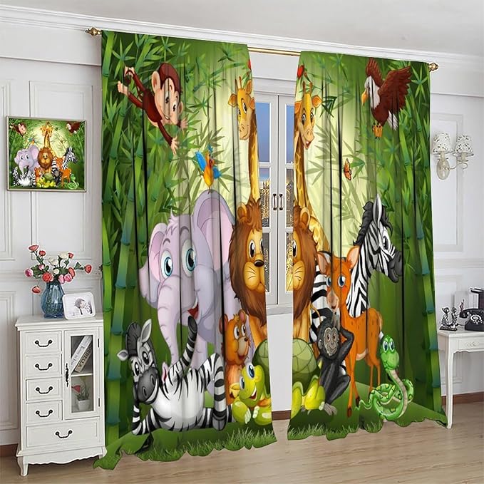 Cartoon Animal Curtains, Cute Animals Bamboo Forest Blackout Window Treatments, Rod Pocket Thermal Insulated Drapes 2 Panel Sets for Kids Room Nursery Classroom, 42" W X 45" L