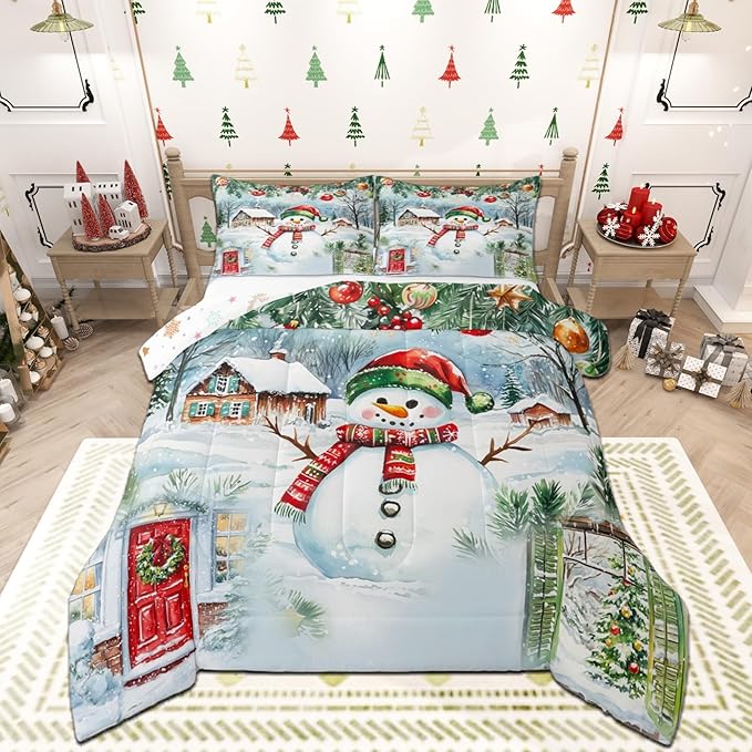 Castle Fairy Merry Christmas Full Size Comforter Set,Watercolor Cute Snowman Pine Trees Bedding Comforters Bedroom Collection,Xmas Cartoon Decor Natural Bedding Set for Girls Teens