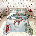 Castle Fairy Merry Christmas Comforter Set King Size,Watercolor Cute Snowman Pine Trees Bedding Set All Season Quilt Set,Xmas Cartoon Decor Natural Microfiber Polyester Down Comforter
