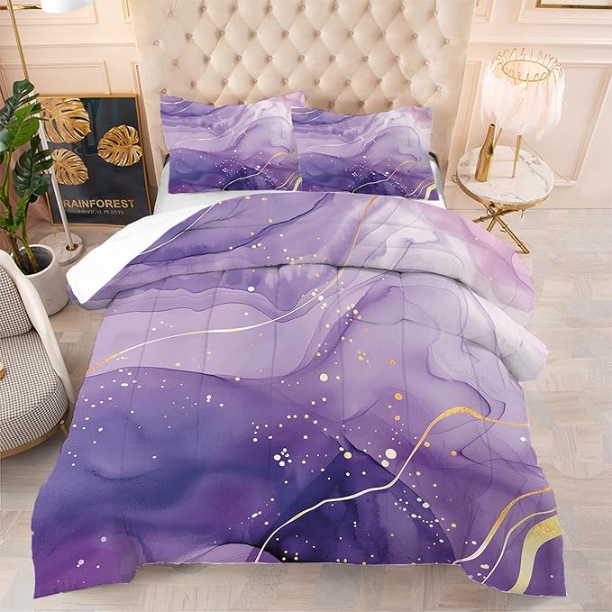 Purple Comforter Set Queen: Light Purple Watercolor Marble Bedding Set Abstract Artwork Gold Glitter Marbling Quilts Modern Aesthetic Bed Set for Women Adults Girls 3 Piece