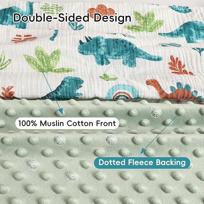 david's kids Muslin Minky Baby Blanket for Boys Girls with Muslin Cotton Front and Dotted Fleece Backing, Breathable and Soft Lightweight Receiving Blanket for Newborns, 40x50 Inches, Dinosaur