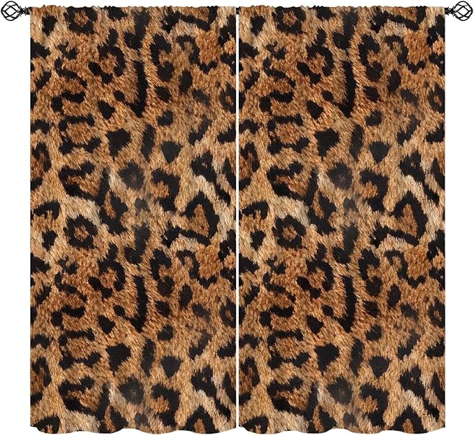 Leopard Print Window Curtains, Animal Fur Skin Brown Farmhouse Wild 3D Rustic Safari Theme Window Treatments for Kids Bedroom Living Room 84" W X 84" L
