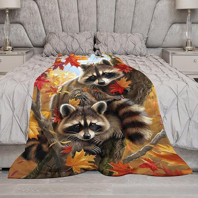 Raccoon Blanket Funny Raccoons Gifts for Girls Boys Woman Kids Raccoon Lover Maple Leaf Throw Blankets Soft Blanket Warm Fleece Flannel Plush Blankets for Bed Sofa Couch 60"x80"