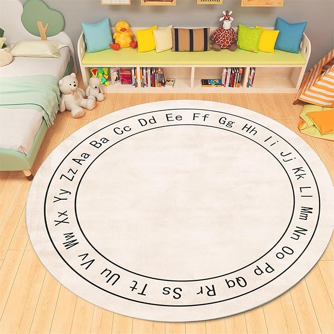 Children's Room Round Rug,6ft,Children's ABC Letter Educational Learning Round Rug, Non-Slip Washable Children's Room Play Rug, Suitable for Bedroom, Playroom, Boys and Girls Room Decoration