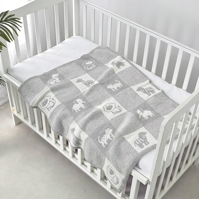 CREVENT 2Pcs 30''X40'' Cute Cozy Fluffy Warm Baby Blankets for Infants Toddlers' Bedding Crib Cot Stroller - Grey Cloud + Knit Animal Grey