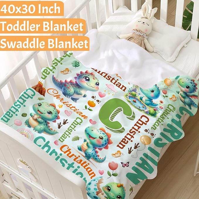 Personalized Custom Green Dinosaur Preschool Blanket Gifts for Baby Toddler Kids Boys Girls - Customized Green Dinosaur Super Soft Flannel Sheets Decor for Crib Nap Couch - 30"x40" for Baby/Pets