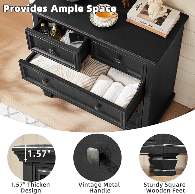 Farmhouse Bedroom Dresser and Nightstand Set of 4, 6 Drawer Tall & 5 Drawers Dresser & 3 Drawer Nightstand Set with Wooden Legs, Rustic Wood Furniture for Bedroom, Hallway, Black