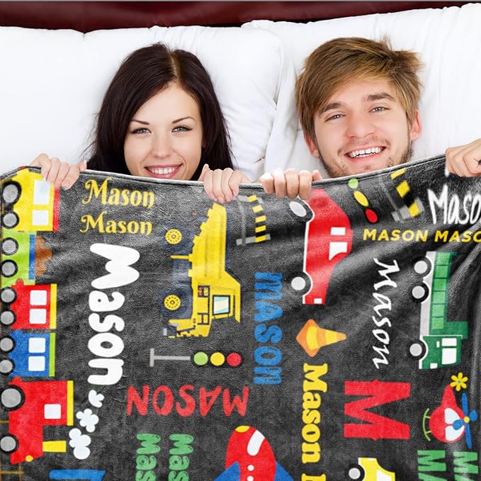 Personalized Blanket with Name for Boys, Custom Name Blanket City Car Transport, Soft Flannel Teen Blankets Customized Gift for Birthday Christmas-50x60in
