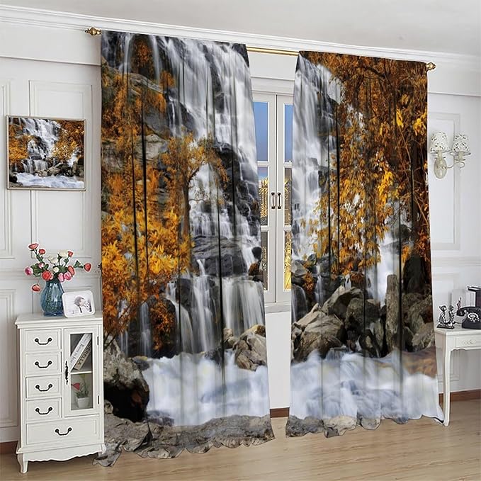 Autumn Tree Leaf Blackout Curtains, Landscape Nature Forest Lake Waterfall Rod Pocket Window Drapes, for Bedroom Living Room 84" W X 84" L