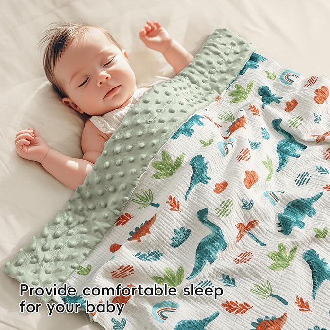 david's kids Muslin Minky Baby Blanket for Boys Girls with Muslin Cotton Front and Dotted Fleece Backing, Breathable and Soft Lightweight Receiving Blanket for Newborns, 40x50 Inches, Dinosaur