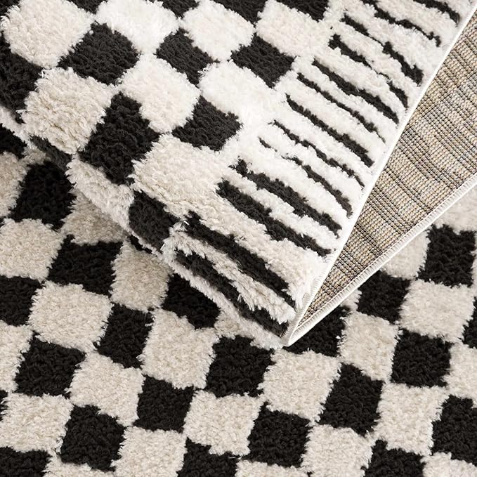 Hauteloom Leryn Contemporary Checkered Area Rug - Modern Geometric Bordered Carpet for Living Room, Bedroom - Checkboard Design - Square Tiles - High Pile - Black and White - 6'7" x 9' (6x9)