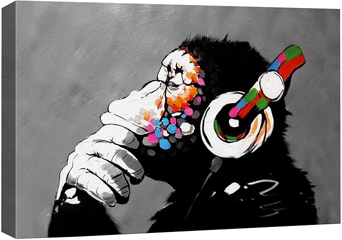 SIGNWIN Framed Canvas Wall Art Banksy Thinking Monkey with Headphones Graffiti & Street Art Famous People Pop Art Modern Urban Multicolor for Living Room, Bedroom, Office - 16x24 inches