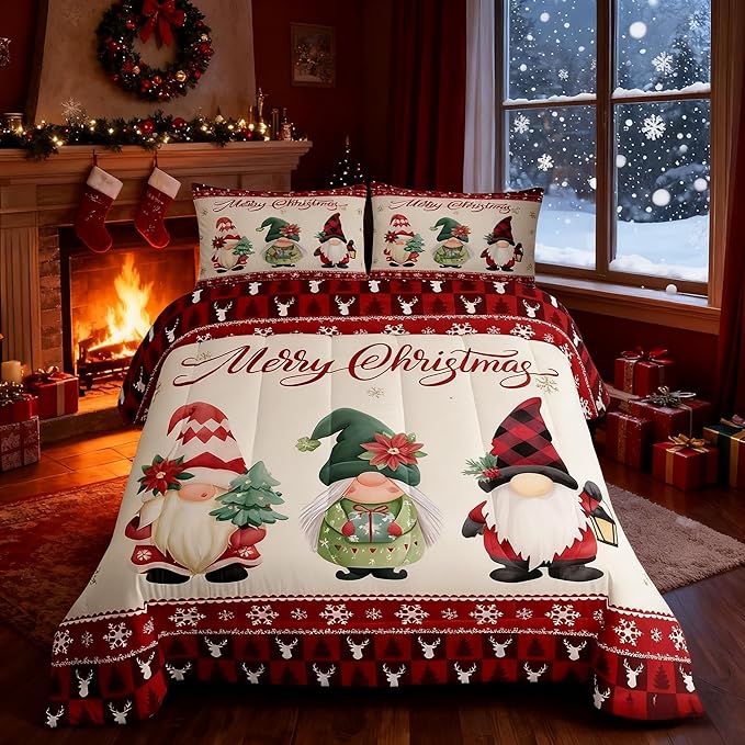 Merry Christmas Kids Comforter Set Twin Size,Deer Antler Santa Claus Bedding,Girls Boys Adults Bedroom/Xmas Cabin Decor,Snowflake Pine Trees Plaid Down Comforter,Rustic Duvet Insert,1 Pillowcase