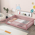 Full Size Montessori Floor Bed Frame with Convertible Door for Girls & Boys,Wood Montessori Bed w/Safety Guardrails & Wood Slats for Kids,Pink