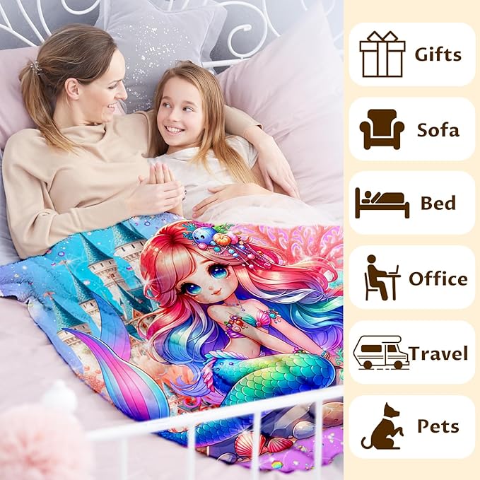 Girls Mermaid Blanket Gift, Throw for Kids Teens Adults 50x60 Inches Lightweight Cozy Pink Cute Mermaid Throw Blankets for Sofa Couch Bed Trip Car