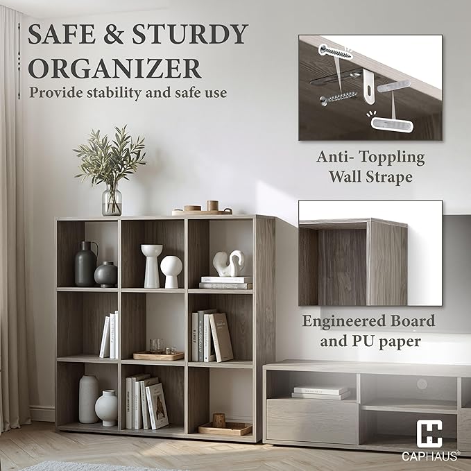 CAPHAUS 11-Inch Cube Storage Organizer Shelf, Home Storage Shelf Divider w/Back, 9-Cube Storage Bookcase, Dark Grey