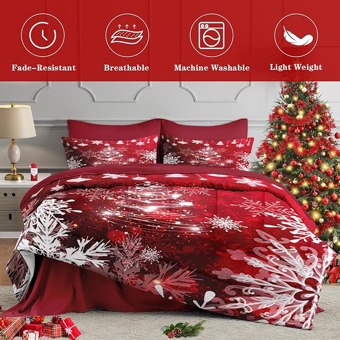 7 Pcs Queen Size Christmas Comforter Set with 2 Pillowcases & 2 Shams, Red Glitter Xmas Tree Bedding for Kids and Adults, White Elegant Snowflake Bed in a Bag with Flat Fitted Sheet