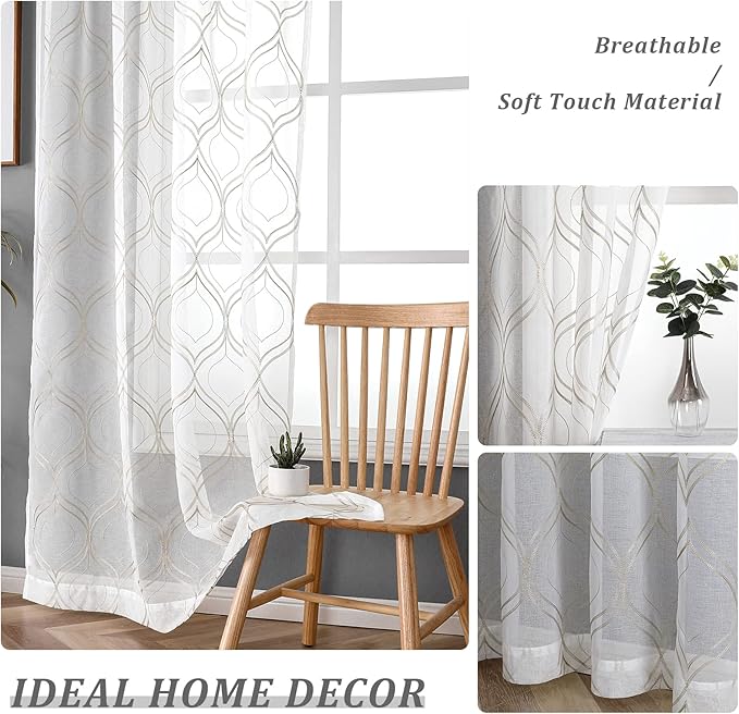 VISIONTEX White Sheer Curtains 95 Inches Long 2 Panels Set Brown Moroccan Embroidered Curtains Trellis French Textured Rod Pocket Voile Tulle Semi Window Drapes for Bedroom Living Room 54 x 95 Inches