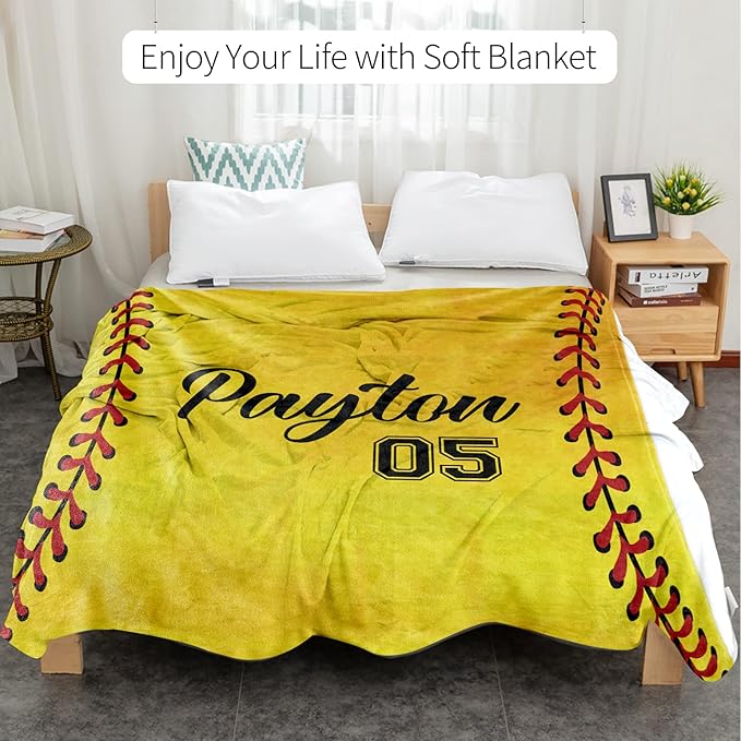 Personalized Softball Kids Blanket with Naumber and Name - Custom Sport Bed Blankets Gift for 0-3 Months Baby Essential - Super Warm and Comfortable 60x80inch