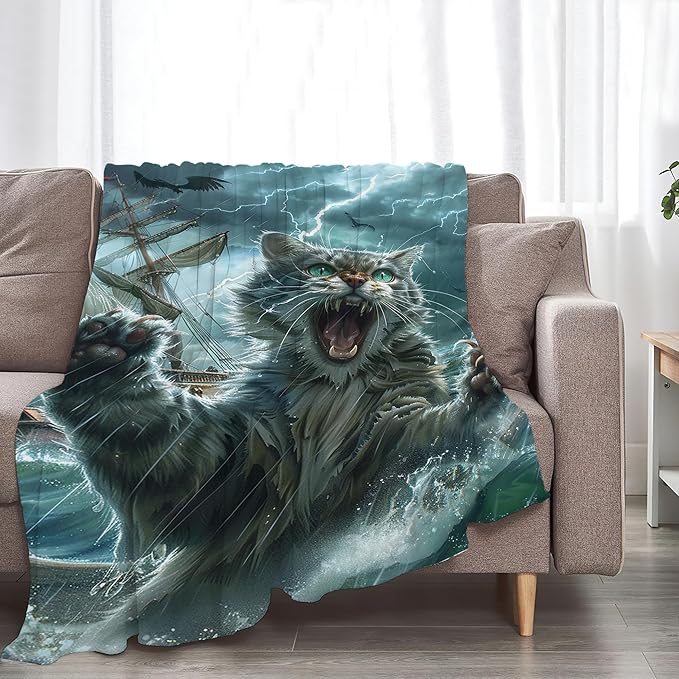 Funny Cat Blanket Nautical Boat Throw Blanket Ocean Gifts and Decor Cat Blanket for Girls Boys Women Men Kids Adults Soft Warm Cozy Fleece Blanket for Couch Sofa Bed 60"x50"