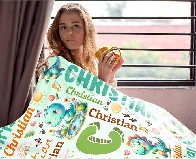 Personalized Custom Green Dinosaur Preschool Blanket Gifts for Baby Toddler Kids Boys Girls - Customized Green Dinosaur Super Soft Flannel Sheets Decor for Crib Nap Couch - 40"x50" for Kids/Children