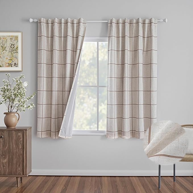 MYSKY HOME 100% Blackout Brown Plaid Linen Curtains 63 Inches Long Checkered Double Layer Farmhouse Thermal Insulated Print Drapes with Rod Pocket Back Tab for Living Room Bedroom, 2 Pcs, 52" Wide
