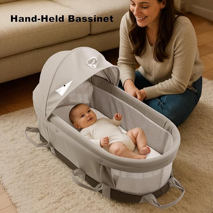 SUNVENO Handheld Portable Baby Bassinet with Removable Canopy, Foldable Travel Cradle, 6 Carry Handles, Breathable Mesh & Water-Resistant Base, Newborn Indoor/Outdoor Travel Bed