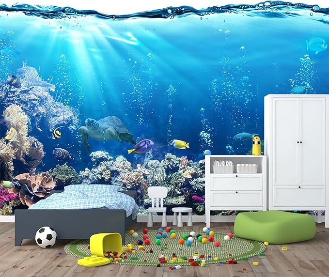 Blue Ocean Wallpaper Peel and Stick Underwater Animal World Self Adhesive Wall Mural for Kids Room Nursery 82"x57"