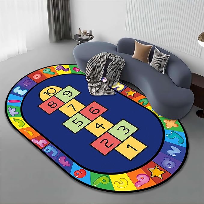 Hopscotch Rug, 3x4ft, Kids Play Oval Rug for Boys & Girls, Colorful Alphabets Educational Game Carpet, Soft Non-Slip Machine Washable Rug for Classroom Toddler Room