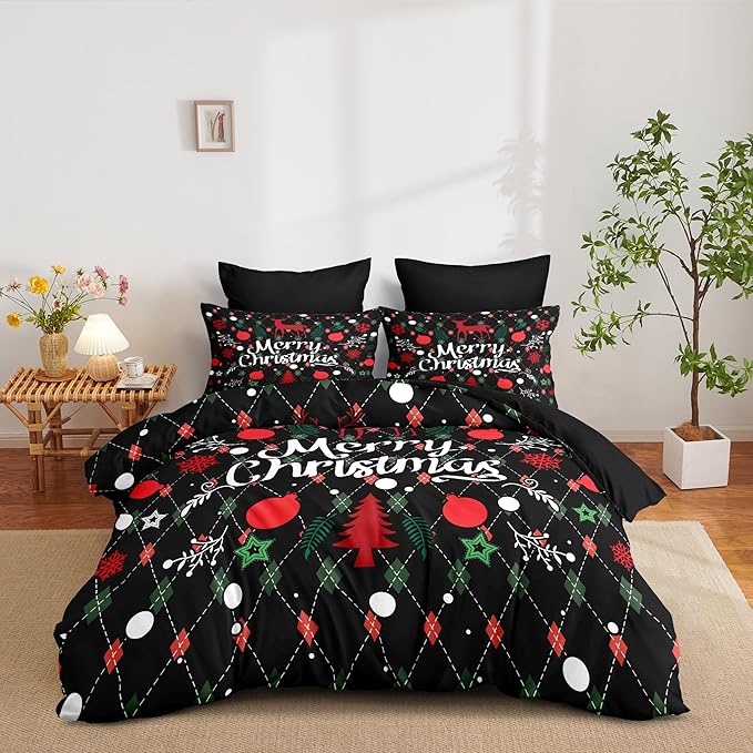 Christmas Duvet Cover Full Size Black Christmas Tree Bedding Set 3 Pcs Kids Boys Girls Happy Holiday Xmas Comforter Cover with Zipper Closure (No Comforter)