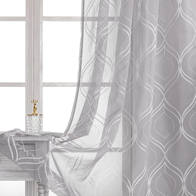 VISIONTEX White Sheer Curtains 108 Inches Long 2 Panels Set Grey Moroccan Embroidered Curtains Trellis French Textured Rod Pocket Voile Tulle Semi Window Drapes for Bedroom Living Room 54 x 108 Inch