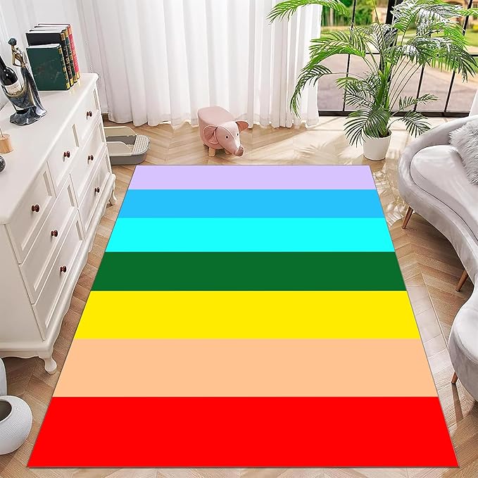 Soft Rainbow Area Rugs Girl's Bedroom Fluffy Colorful Rugs Furry Kids Play Mats Simple Rainbow Line Print Living Room Kids Room Nursery Home Decor 5x7ft