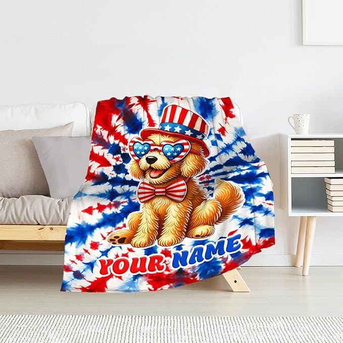 Custom Dog Blanket Gifts - 30" x 40" Inches Golden Retriever Blankets for Girls, Toddler - American Flag Cozy Fuzzy Throw for Crib, Nap