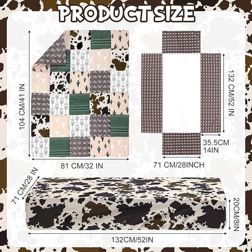 3 Piece Patchwork Western Crib Bedding Set, Neutral Cow Cactus Print Baby Bedding, Barnyard Western Nursery Decor, Standard Size Soft Baby Bed Set Includes Quilt, Fitted Crib Sheet, Bed Skirt