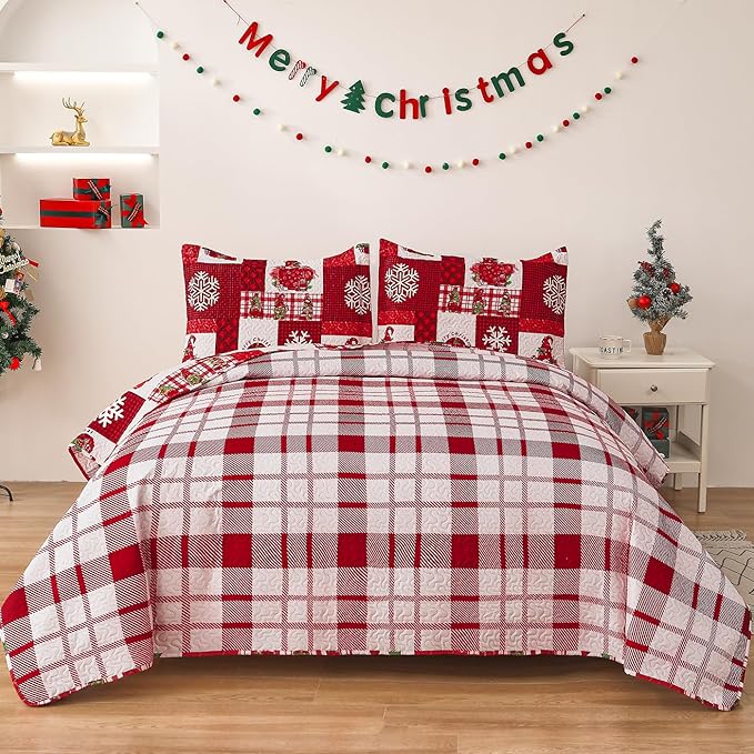 Gnome Christmas Quilt Bedding - King Size, Red Plaid, Holiday Lightweight Reversible Quilt Bedspread