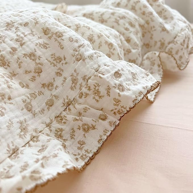 BuLuTu Kids Duvet Cover Soft 2-Layer Cotton Muslin Floral Duvet Cover Beige Comforter Cover Bedding Duvet Protector, 60"x78", Camellia Print (Pillowcases Not Included)
