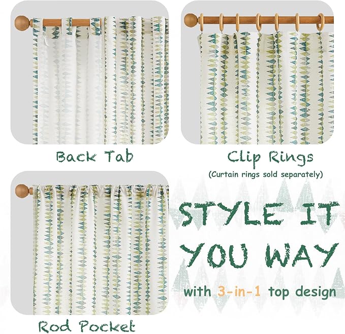 jinchan Linen Nursery Curtains for Living Room Boho Curtains for Bedroom Kids Room 96 Inches Long Geometric Printed Farmhouse Drapes Rod Pocket Window Treatment Curtain Set of 2 Panels Green