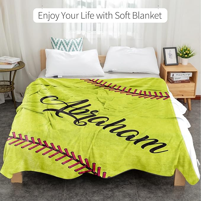 Personalized Softball Kids Blanket with Naumber and Name - Custom Sport Bed Blankets Gift for 0-3 Months Baby Essential and Warm 50x60inch
