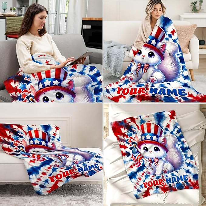 Blanket Gifts for Girls - 30" x 40" Inches Custom Cat Throw Blankets for Cat Lovers - Soft Warm American Flag Throw for Sofa, Bed & Living Room